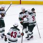 Dec 31, 2025; San Jose, California, USA; Minnesota Wild right wing Mats Zuccarello (36) is congratulated by left wing Kirill Kaprizov (97) and other players after he scored a goal against the San Jose Sharks during the third period at SAP Center at San Jose.