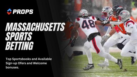 Massachusetts sports betting written beside Denver Broncos RB RJ Harvey running vs Patriots.