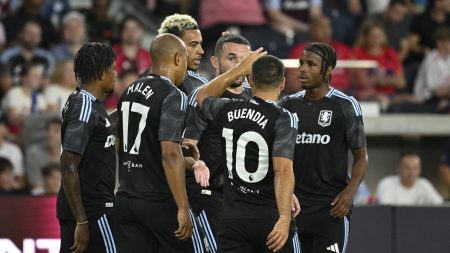 Jul 30, 2025; St. Louis, Missouri, USA; Aston Villa midfielder Morgan Rogers (27) is congratulated after scoring a goal against St. Louis City in the first half at Energizer Park.