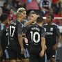 Jul 30, 2025; St. Louis, Missouri, USA; Aston Villa midfielder Morgan Rogers (27) is congratulated after scoring a goal against St. Louis City in the first half at Energizer Park.