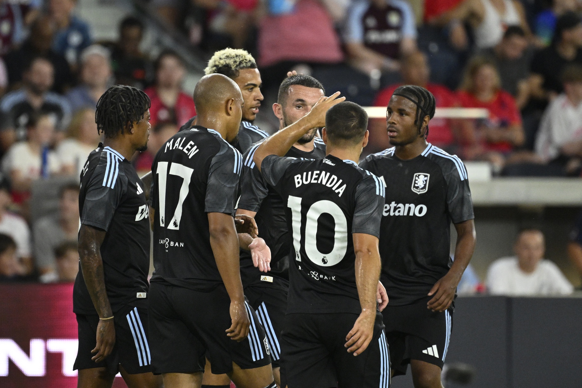 Jul 30, 2025; St. Louis, Missouri, USA; Aston Villa midfielder Morgan Rogers (27) is congratulated after scoring a goal against St. Louis City in the first half at Energizer Park.