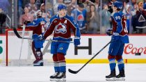 Jan 19, 2026; Denver, Colorado, USA; Colorado Avalanche center Nathan MacKinnon (29) reacts with center Martin Necas (88) after his goal in the second period at Ball Arena.