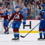 Jan 19, 2026; Denver, Colorado, USA; Colorado Avalanche center Nathan MacKinnon (29) reacts with center Martin Necas (88) after his goal in the second period at Ball Arena.