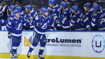 Dec 4, 2025; Tampa, Florida, USA; Tampa Bay Lightning right wing Nikita Kucherov (86) celebrates after scoring a goal against the Pittsburgh Penguins in the second period at Benchmark International Arena.