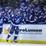 Dec 4, 2025; Tampa, Florida, USA; Tampa Bay Lightning right wing Nikita Kucherov (86) celebrates after scoring a goal against the Pittsburgh Penguins in the second period at Benchmark International Arena.