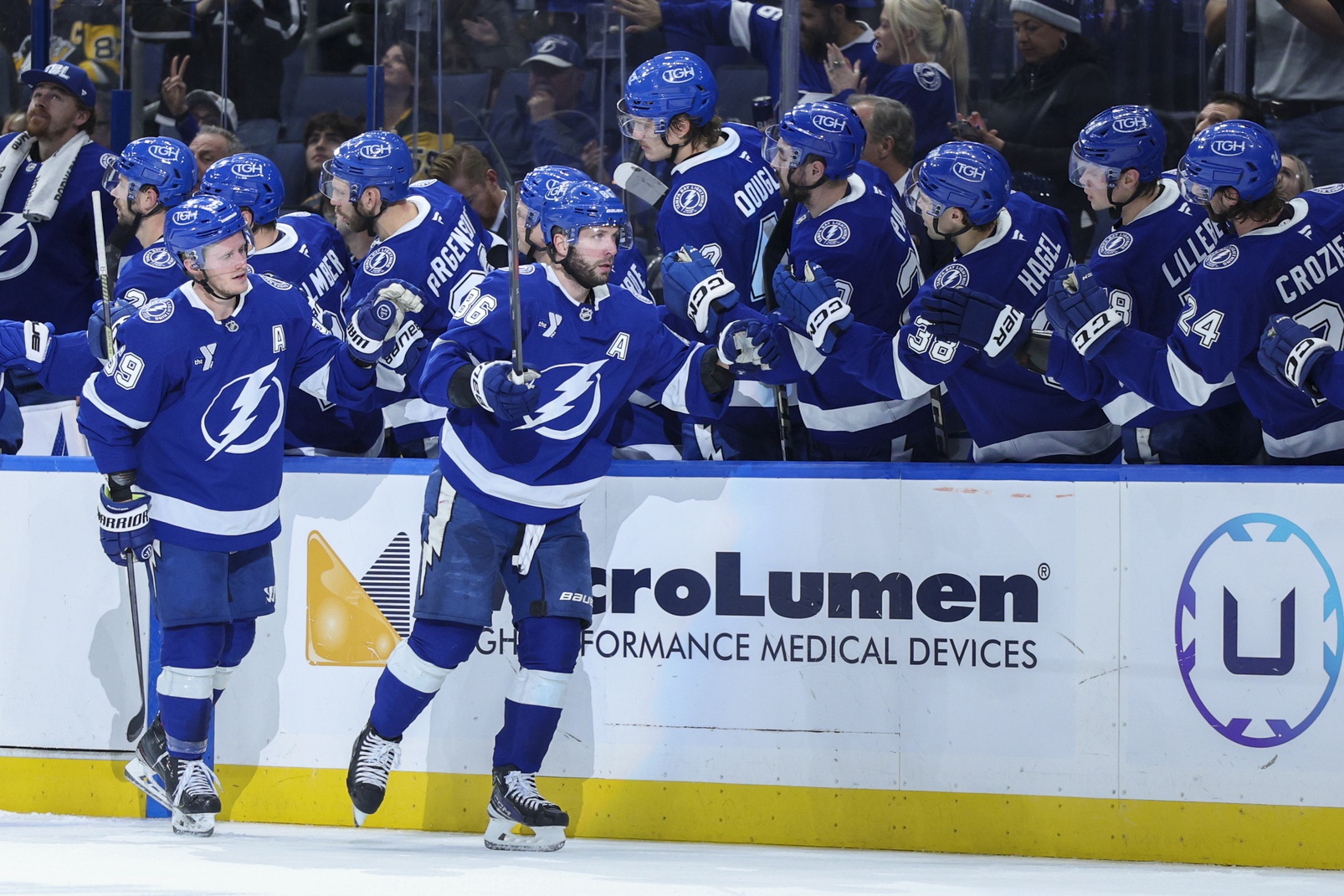 Dec 4, 2025; Tampa, Florida, USA; Tampa Bay Lightning right wing Nikita Kucherov (86) celebrates after scoring a goal against the Pittsburgh Penguins in the second period at Benchmark International Arena.