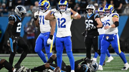 Jan 10, 2026; Charlotte, NC, USA; Los Angeles Rams wide receiver Puka Nacua (12) reacts against the Carolina Panthers in the second half during the NFC Wild Card Round game at Bank of America Stadium.