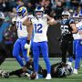 Jan 10, 2026; Charlotte, NC, USA; Los Angeles Rams wide receiver Puka Nacua (12) reacts against the Carolina Panthers in the second half during the NFC Wild Card Round game at Bank of America Stadium.