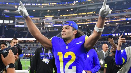 Dec 14, 2025; Inglewood, California, USA; Los Angeles Rams wide receiver Puka Nacua (12) celebrates after defeating the Detroit Lions at SoFi Stadium.
