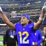 Dec 14, 2025; Inglewood, California, USA; Los Angeles Rams wide receiver Puka Nacua (12) celebrates after defeating the Detroit Lions at SoFi Stadium.