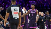 Mar 7, 2026; Minneapolis, Minnesota, USA; Minnesota Timberwolves guard Anthony Edwards (5) reacts to teammates during a timeout agains the Orlando Magic in the third quarter at Target Center.