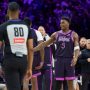 Mar 7, 2026; Minneapolis, Minnesota, USA; Minnesota Timberwolves guard Anthony Edwards (5) reacts to teammates during a timeout agains the Orlando Magic in the third quarter at Target Center.