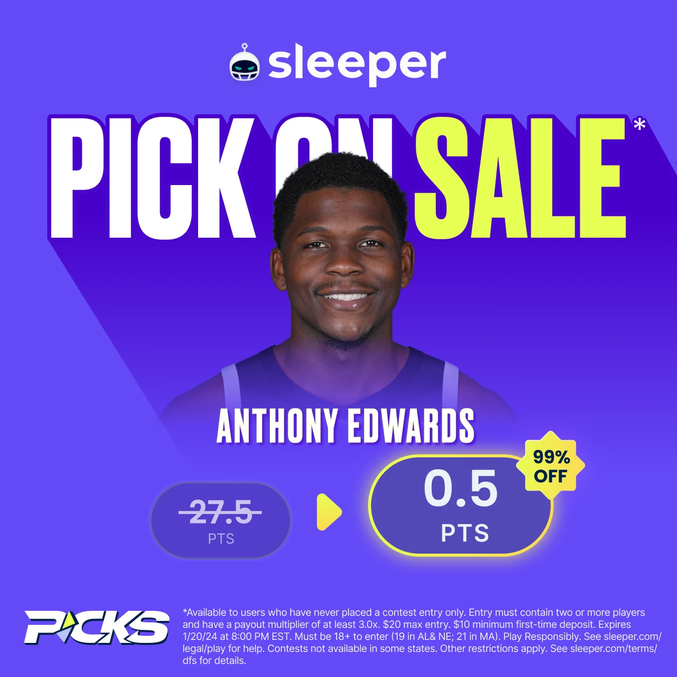 NBA player props special for Saturday, Jan. 20 on Sleeper Fantasy is Anthony Edwards over 0.5 points. 