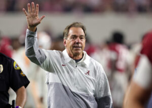 Alabama Crimson Tide head coach Nick Saban waves to fans after defeating the Tennessee Volunteers 