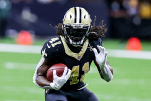 New Orleans Saints running back Alvin Kamara runs in the open field