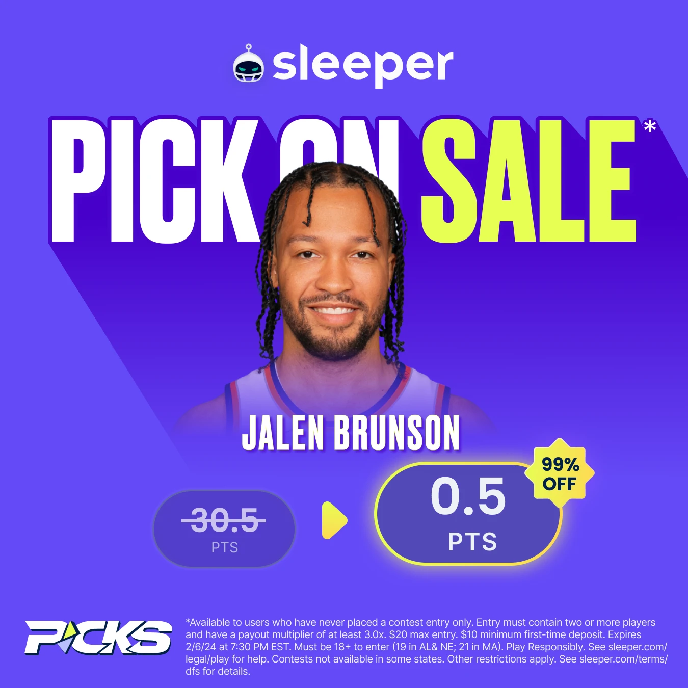 NBA player props special at Sleeper Fantasy on Tuesday, Feb. 6, 2024 is Jalen Brunson over 0.5 points. For new customers only using promo code PROPS.