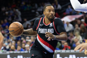 Portland Trail Blazers forward Norman Powell drives against the Philadelphia 76ers