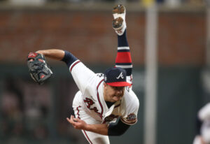 Atlanta Braves starting pitcher Tucker Davidson throws against the Houston Astros in Game 5 of the 2021 World Series at Truist Park