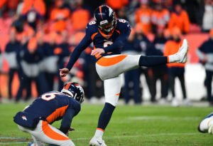 Denver Broncos kicker Brandon McManus kicks the game winning field goal in the fourth quarter against the Los Angeles Chargers