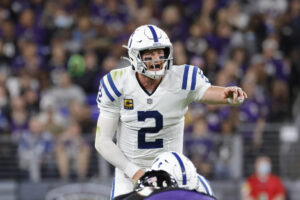 Oct 11, 2021; Baltimore, Maryland, USA; Indianapolis Colts quarterback Carson Wentz signals at the line of scrimmage