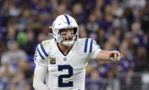 Oct 11, 2021; Baltimore, Maryland, USA; Indianapolis Colts quarterback Carson Wentz signals at the line of scrimmage