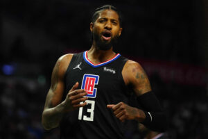 Los Angeles Clippers guard Paul George reacts during a game