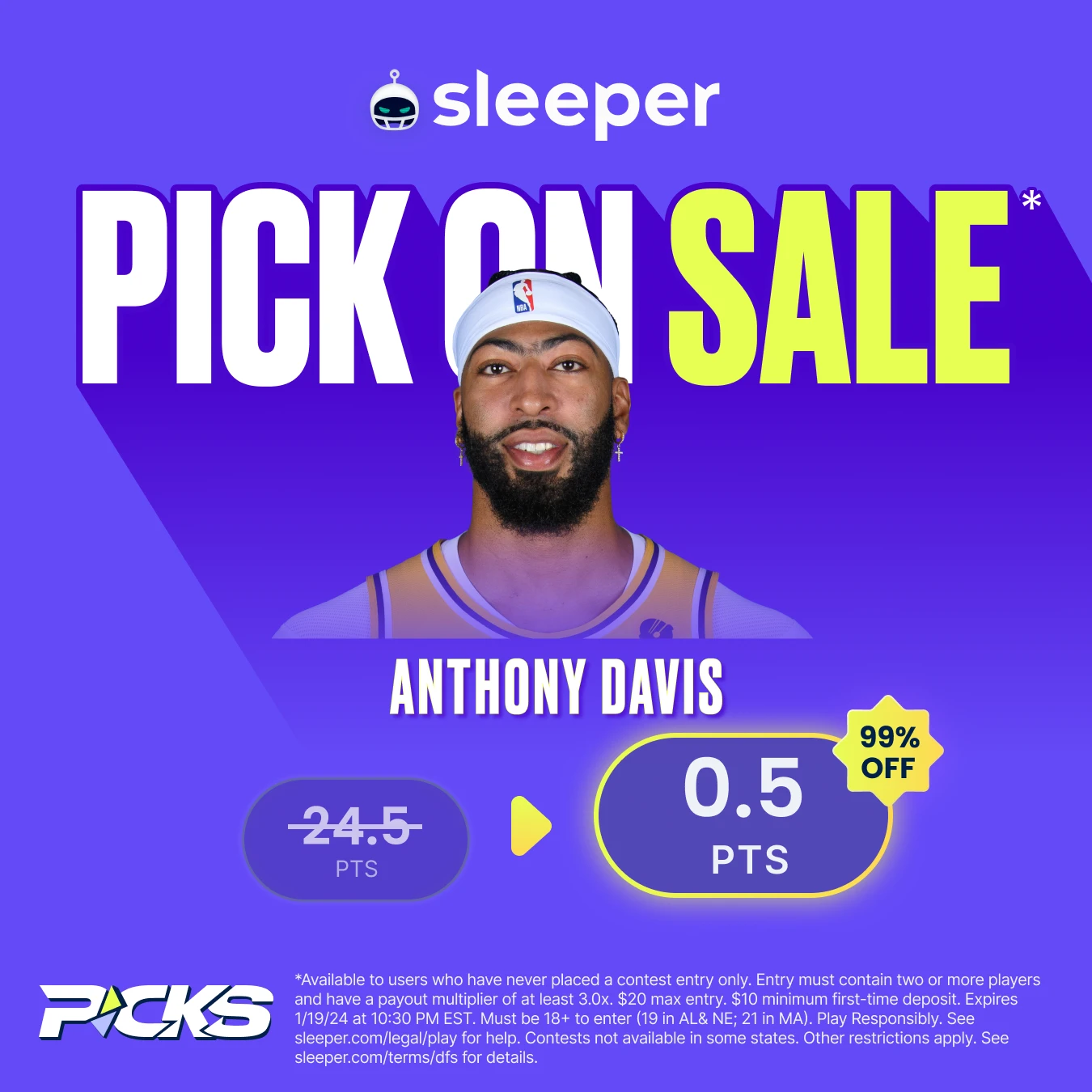 NBA player props special for Friday, Jan. 19 from Sleeper Fantasy is Anthony Davis over 0.5 points for new customers only with promo code PROPS. 