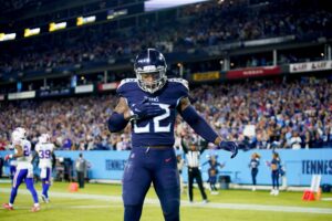 Tennessee Titans running back Derrick Henry celebrates after scoring a long touchdown against the Buffalo Bills