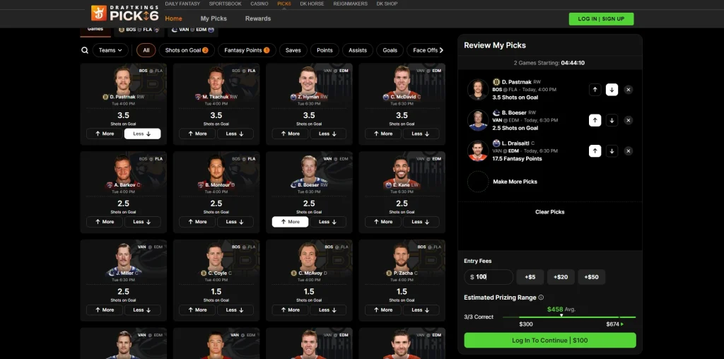 DraftKings Pick6 NHL Screenshot