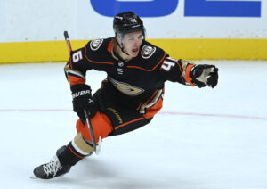 Anaheim Ducks center Trevor Zegras celebrates after scoring a goal in the third period against the Winnipeg Jets