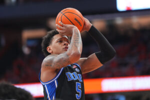 Duke Blue Devils Forward Paolo Banchero (5) shoots a free throw during the second half of the College Basketball game between the Duke Blue Devils and the Syracuse Orange on February 26, 2022, at the Carrier Dome in Syracuse, NY.