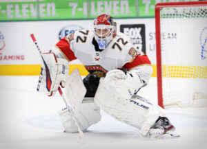 Florida Panthers goaltender Sergei Bobrovsky preparing to make a save