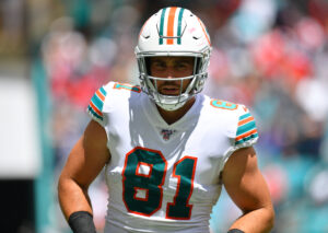 Durham Smythe #81 of the Miami Dolphins in action against the New England Patriots at Hard Rock Stadium on September 15, 2019 in Miami, Florida.