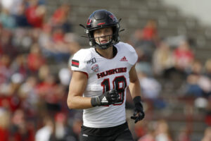 Cole Tucker #18 of the Northern Illinois Huskies on the field in the game against the Miami of Ohio Redhawks at Yager Stadium on October 19, 2019 in Oxford, Ohio. 