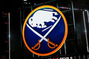 A general view of the Buffalo Sabres logo prior to the National Hockey League game between the New Jersey Devils and tyhe Buffalo Sabres on February 23, 2021 at the Prudential Center in Newark, NJ.