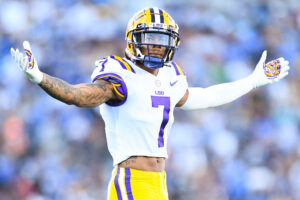 LSU Tigers Cornerback Derek Stingley Jr. celebrates during a college football game between the LSU Tigers and the UCLA Bruins played on September 4, 2021 at the Rose Bowl in Pasadena, CA.