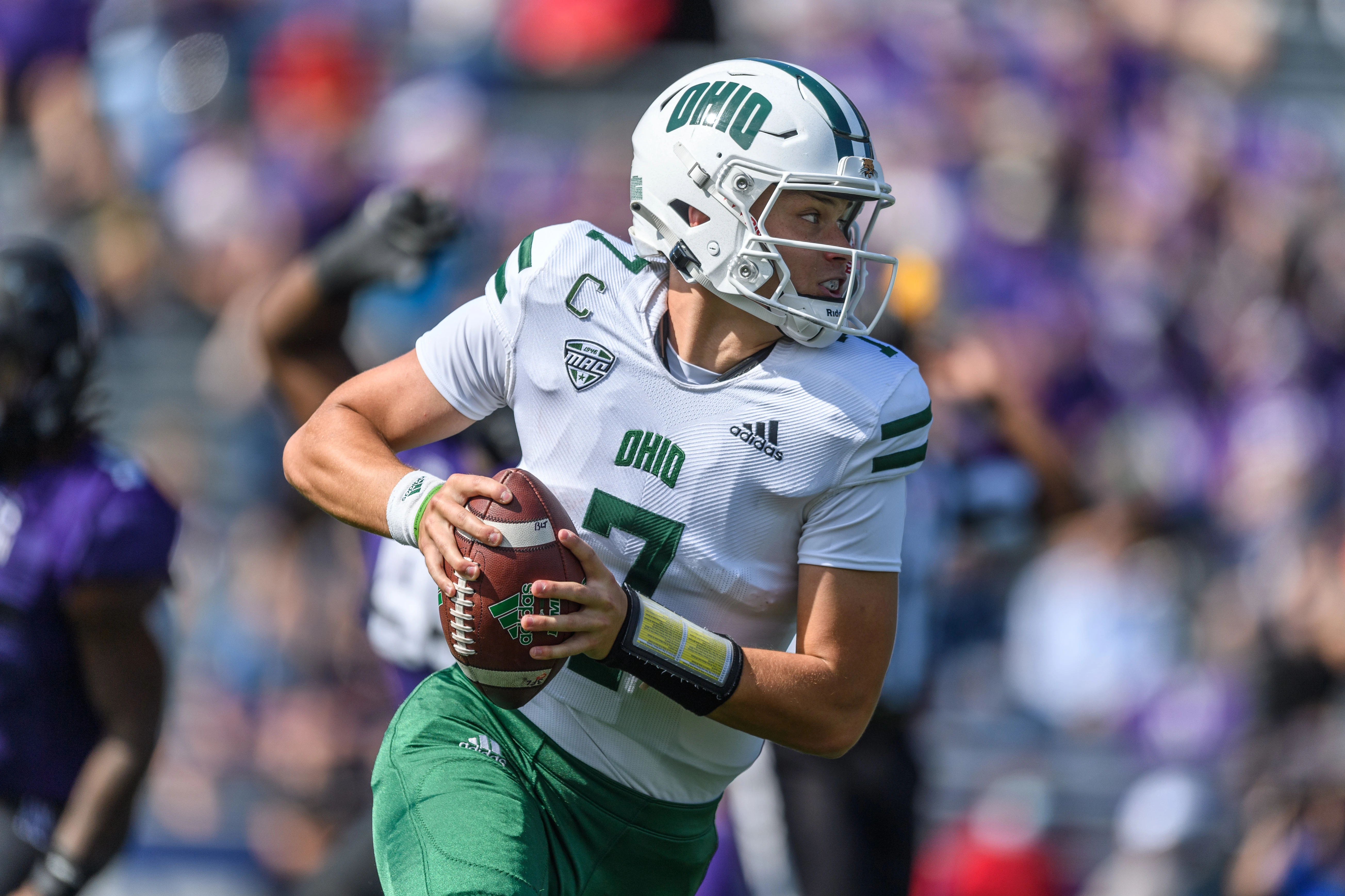 Ohio Bobcats quarterback Kurtis Rourke (7) scrambles right in the 2nd quarter during a college football game between the Ohio Bobcats and the Northwestern Wildcats on September 25, 2021, at Ryan Field in Evanston, IL.