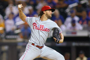 Aaron Nola #27 of the Philadelphia Phillies in action against the New York Mets at Citi Field on September 18, 2021 in New York City. Philadelphia Phillies defeated the New York Mets 5-3.