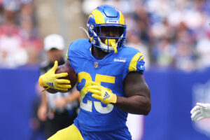 Sony Michel #25 of the Los Angeles Rams in action against the New York Giants at MetLife Stadium on October 17, 2021 in East Rutherford, New Jersey.