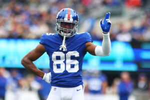 Darius Slayton #86 of the New York Giants in action against the Carolina Panthers at MetLife Stadium on October 24, 2021 in East Rutherford, New Jersey. New York Giants defeated the Carolina Panthers 25-3.