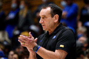 Head coach Mike Krzyzewski of the Duke Blue Devils looks on during their game against the Winston-Salem State Rams at Cameron Indoor Stadium on October 30, 2021 in Durham, North Carolina. Duke won 106-38. 