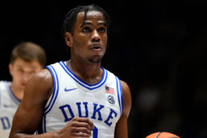 Jeremy Roach #3 of the Duke Blue Devils concentrates at the free throw line against the Winston-Salem State Rams at Cameron Indoor Stadium on October 30, 2021 in Durham, North Carolina. Duke won 106-38.