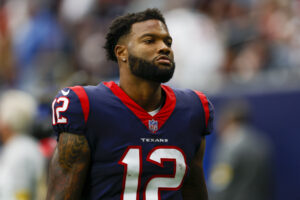 Houston Texans wide receiver Nico Collins (12) during a game between the Los Angeles Rams and the Houston Texans at NRG Stadium on October 31, 2021 in Houston, Texas. 