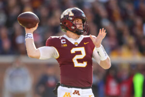 Tanner Morgan #2 of the Minnesota Golden Gophers throws a pass against the Illinois Fighting Illini in the fourth quarter of the game at Huntington Bank Stadium on November 6, 2021 in Minneapolis, Minnesota. The Fighting Illini defeated the Golden Gophers 14-6.