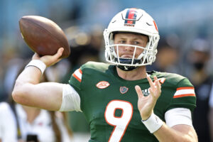 Miami quarterback Tyler Van Dyke (9) runs through drills prior to the game as the University of Miami Hurricanes faced the Georgia Tech Yellow Jackets on November 6, 2021, at Hard Rock Stadium in Miami Gardens, Florida. 