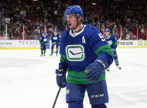 J.T. Miller #9 of the Vancouver Canucks celebrates after scoring during their NHL game against the Anaheim Ducks at Rogers Arena November 9, 2021 in Vancouver, British Columbia, Canada.