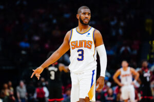 Chris Paul #3 of the Phoenix Suns looks on during the game agains the Houston Rockets at Toyota Center on November 14, 2021 in Houston, Texas.