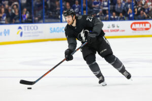 Brayden Point #21 of the Tampa Bay Lightning during a penalty shot against the New Jersey Devils during the third period at Amalie Arena on November 20, 2021 in Tampa, Florida.