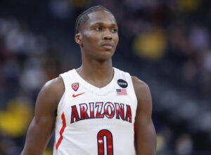 Bennedict Mathurin #0 of the Arizona Wildcats is seen during the game against the Michigan Wolverines at T-Mobile Arena on November 21, 2021 in Las Vegas, Nevada.