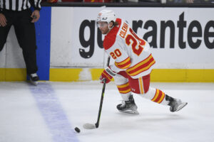 Calgary Flames center Blake Coleman (20) while playing the Anaheim Ducks in the first period.